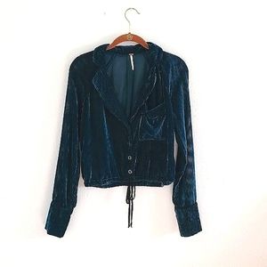 RARE Boho Teal Free People Semi-Sheer Drawstring Velvet Blouse / Blazer XS